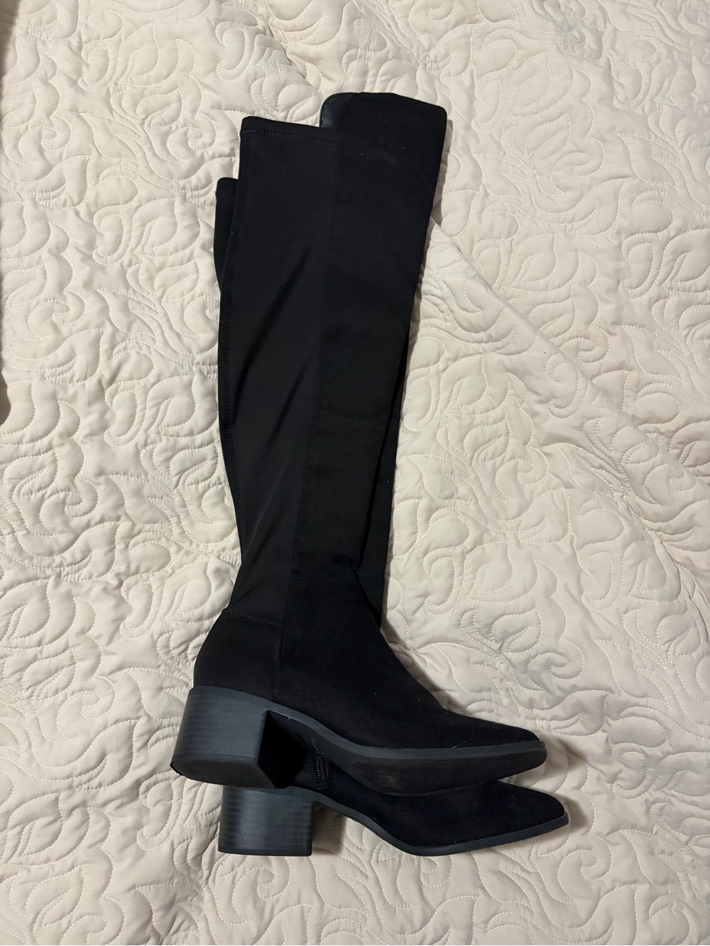 Essentials Black Over-The-Knee Block Heel Stretch Boots